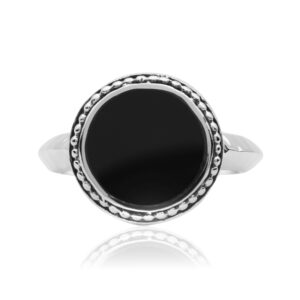 Silver ring with round black stone
