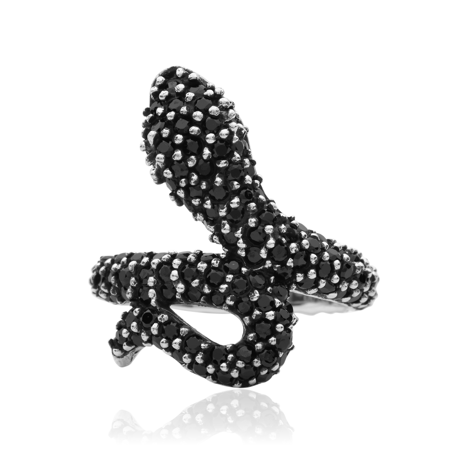 Snake ring with black zirconia in silver