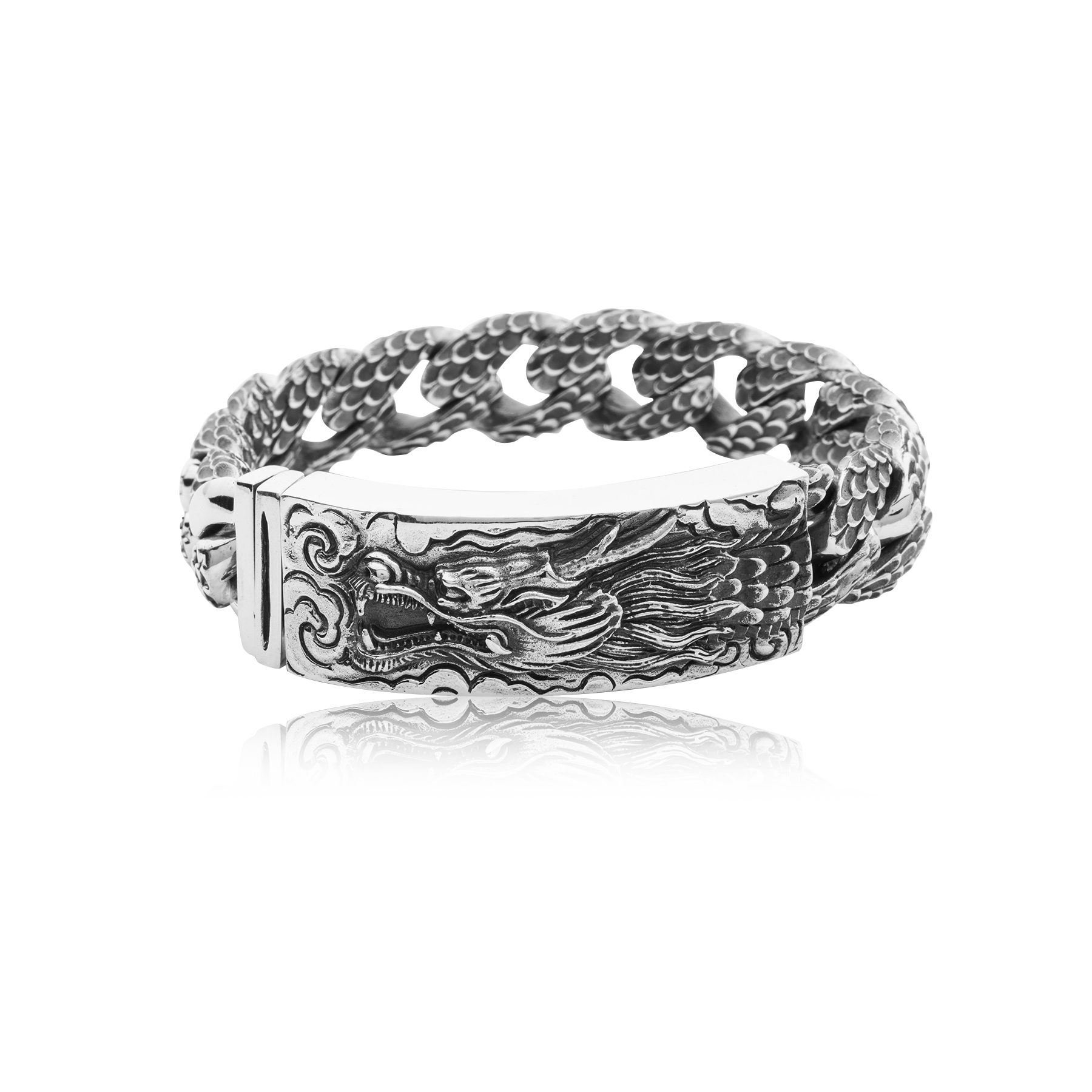 925 Silver Bracelet with Dragon Engraving and Scale-Link Design