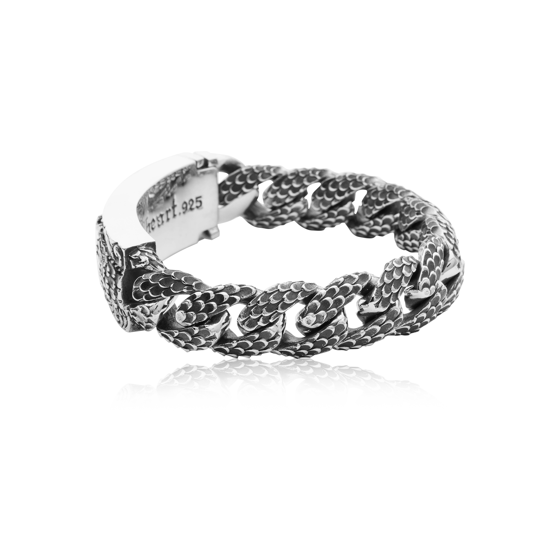 925 Silver Bracelet with Dragon Engraving and Scale-Link Design - Image 2