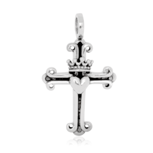 Cross Pendant with Heart and Crown in 925 Silver