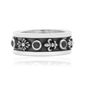 Cross and Fleur-de-Lis Ring with Onyx – 925 Sterling Silver