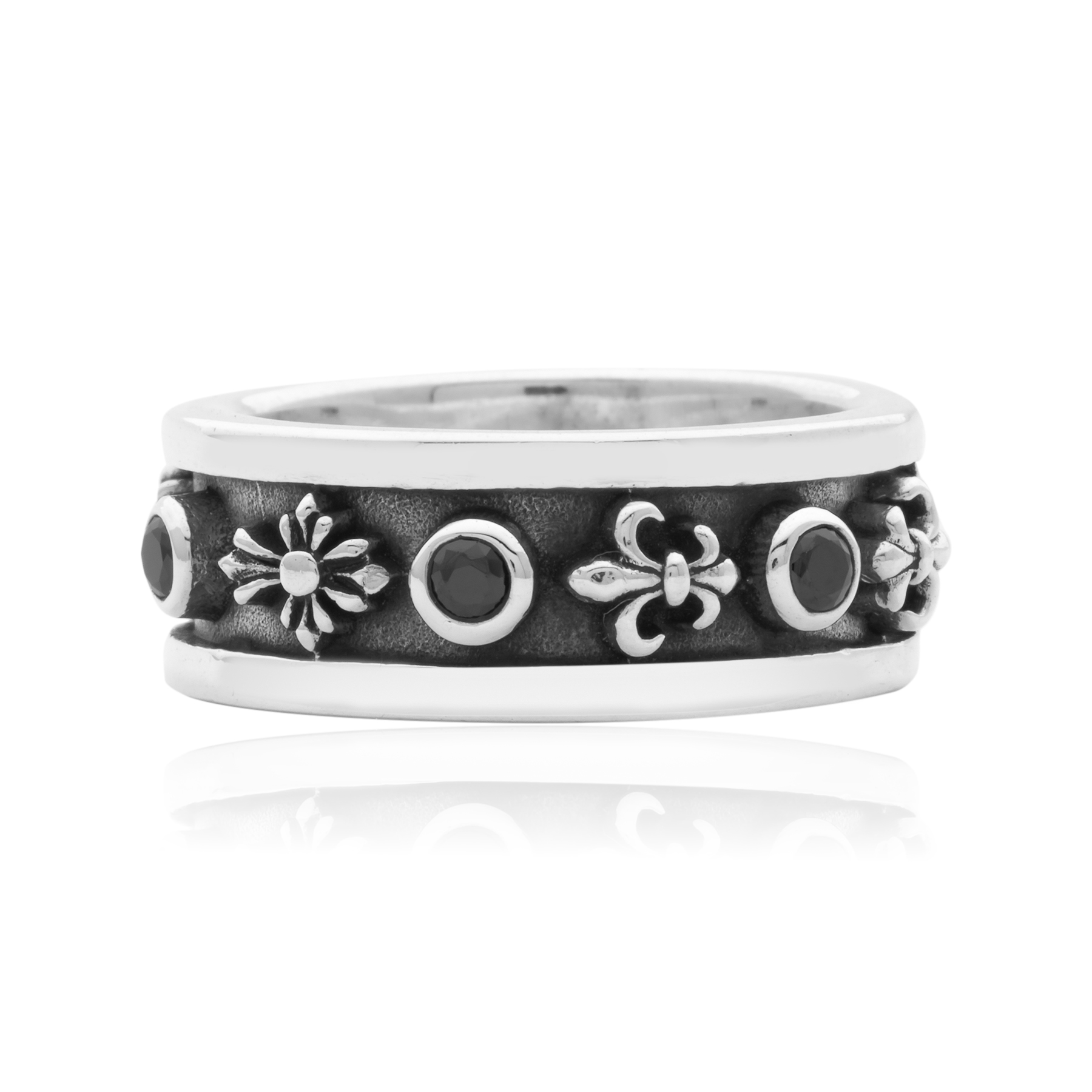 Cross and Fleur-de-Lis Ring with Onyx – 925 Sterling Silver