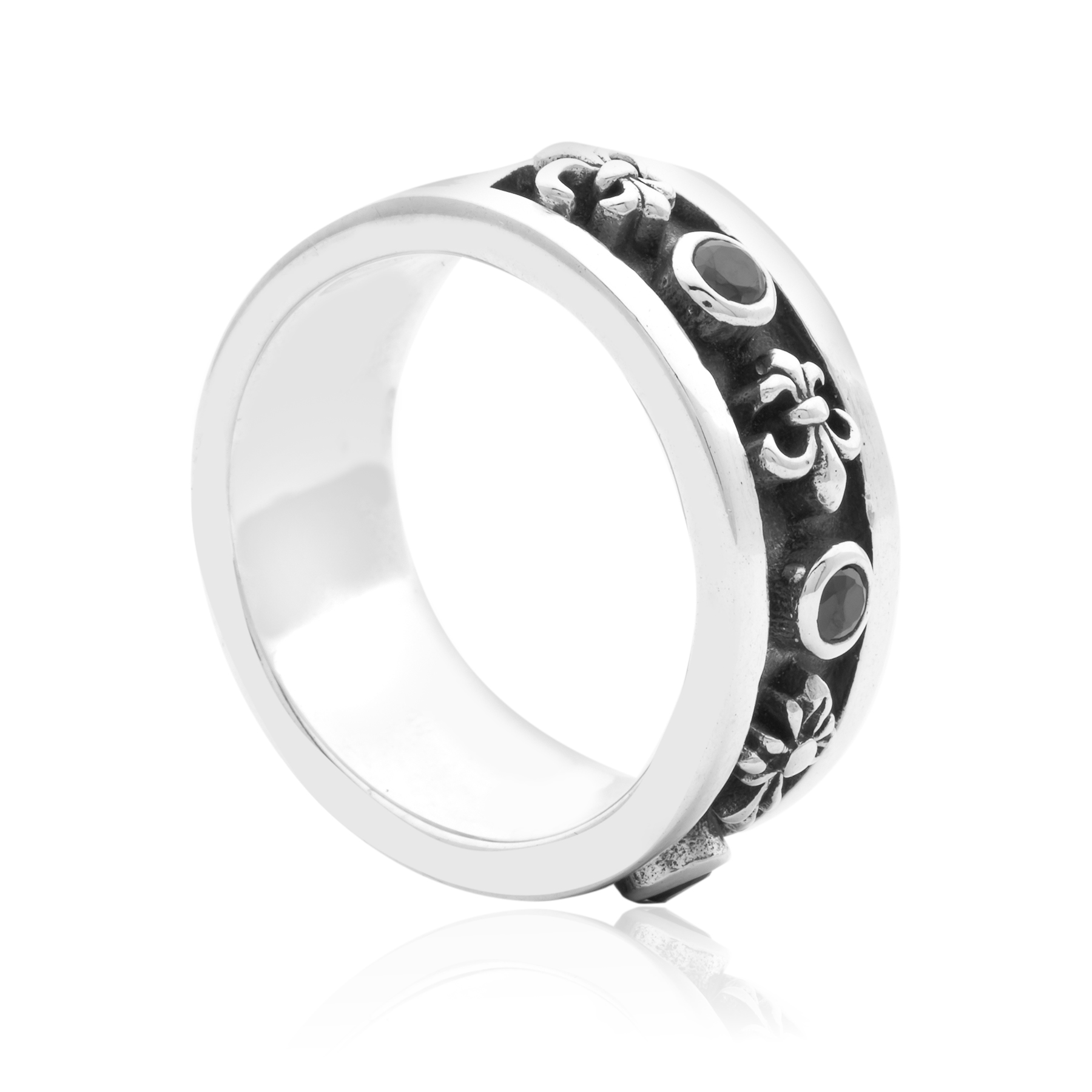 Cross and Fleur-de-Lis Ring with Onyx – 925 Sterling Silver - Image 2