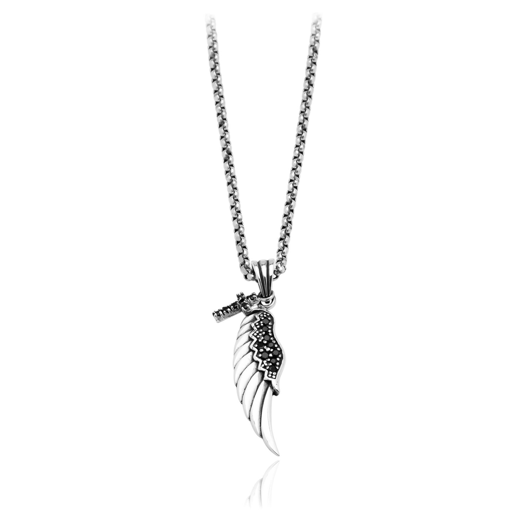 Wing and Cross Pendant with Onyx - Silver 925