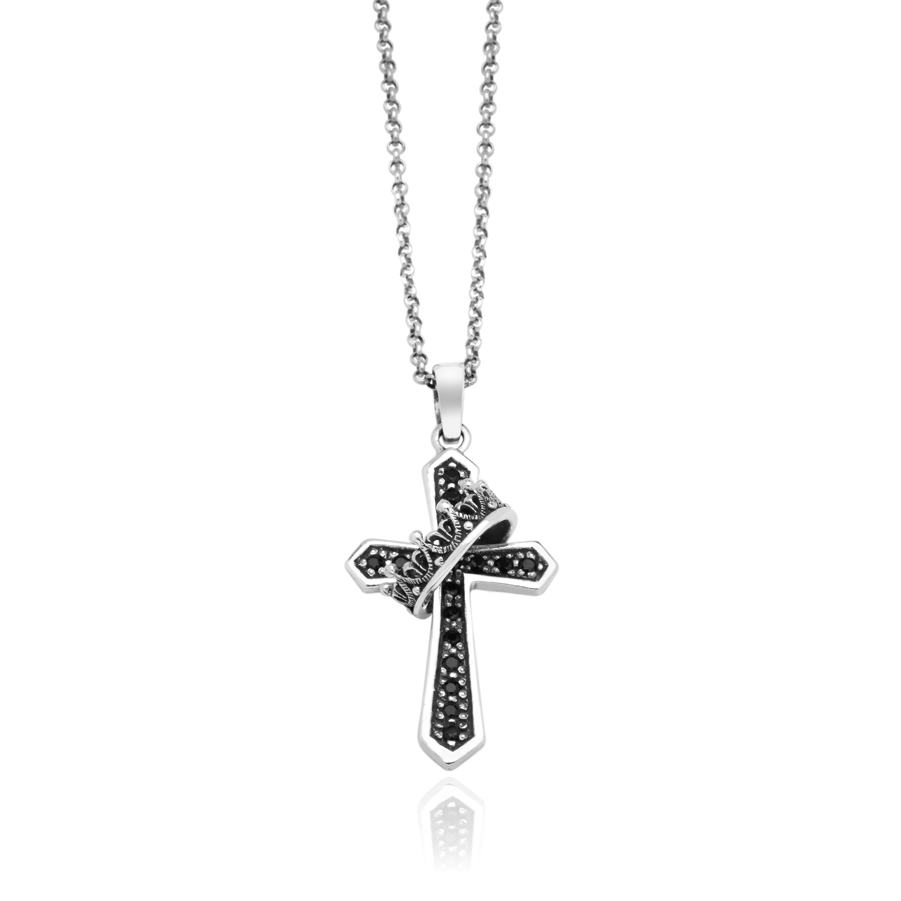 Cross with Crown and Onyx – Silver 925
