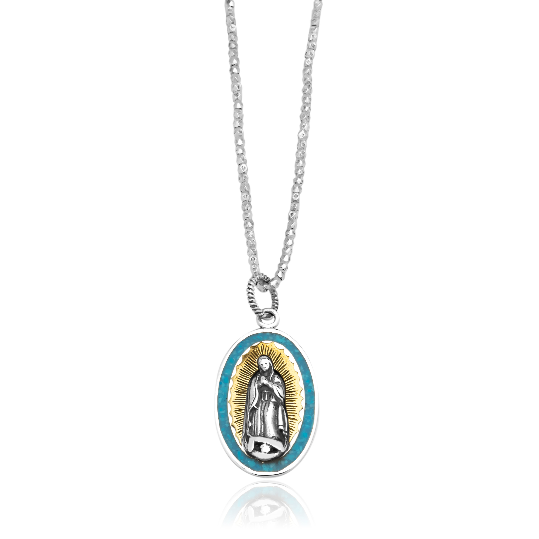 Virgin of Guadalupe Pendant with Natural Turquoise – 925 Silver