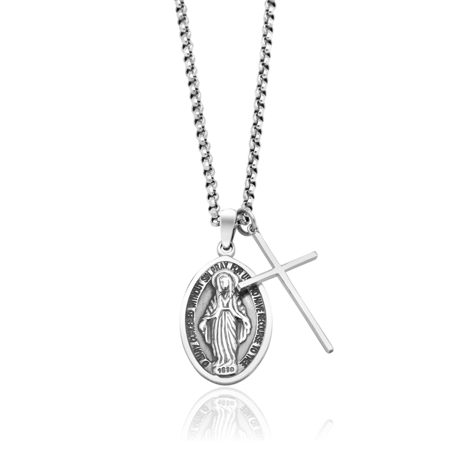Double Pendant: Miraculous Virgin & Plain Cross – 925 Silver