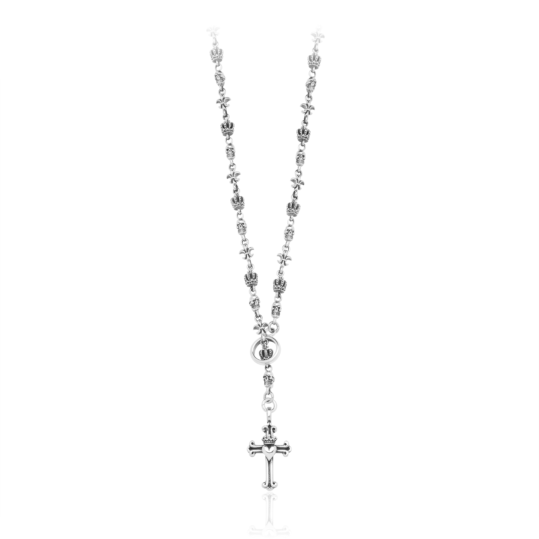 925 Sterling Silver Rosary with Skulls and Fleur-de-Lis Details