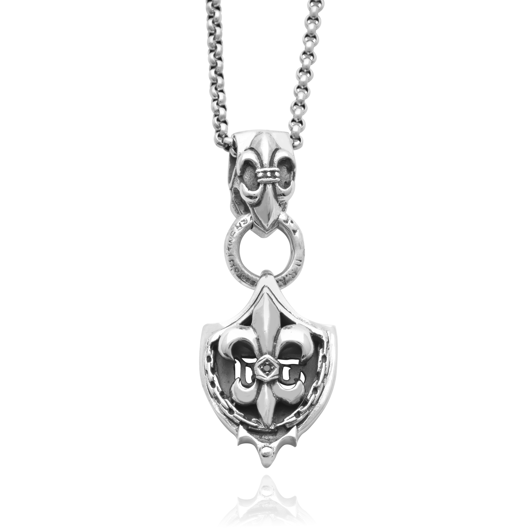 Shield & Fleur-de-Lis Pendant with Black Onyx - 925 Silver