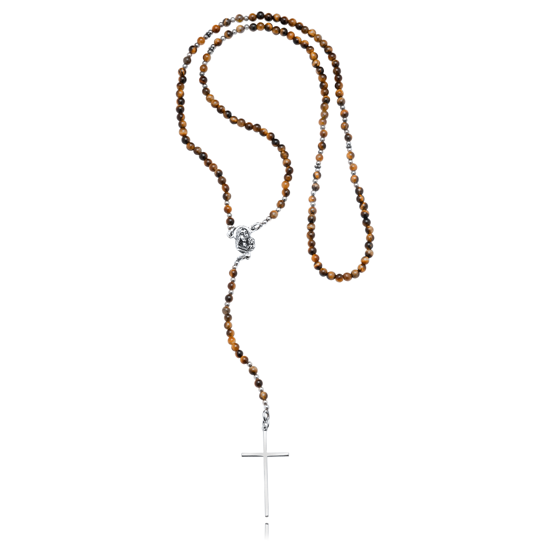 925 Silver Rosary with Tiger Eye and Minimalist Cross