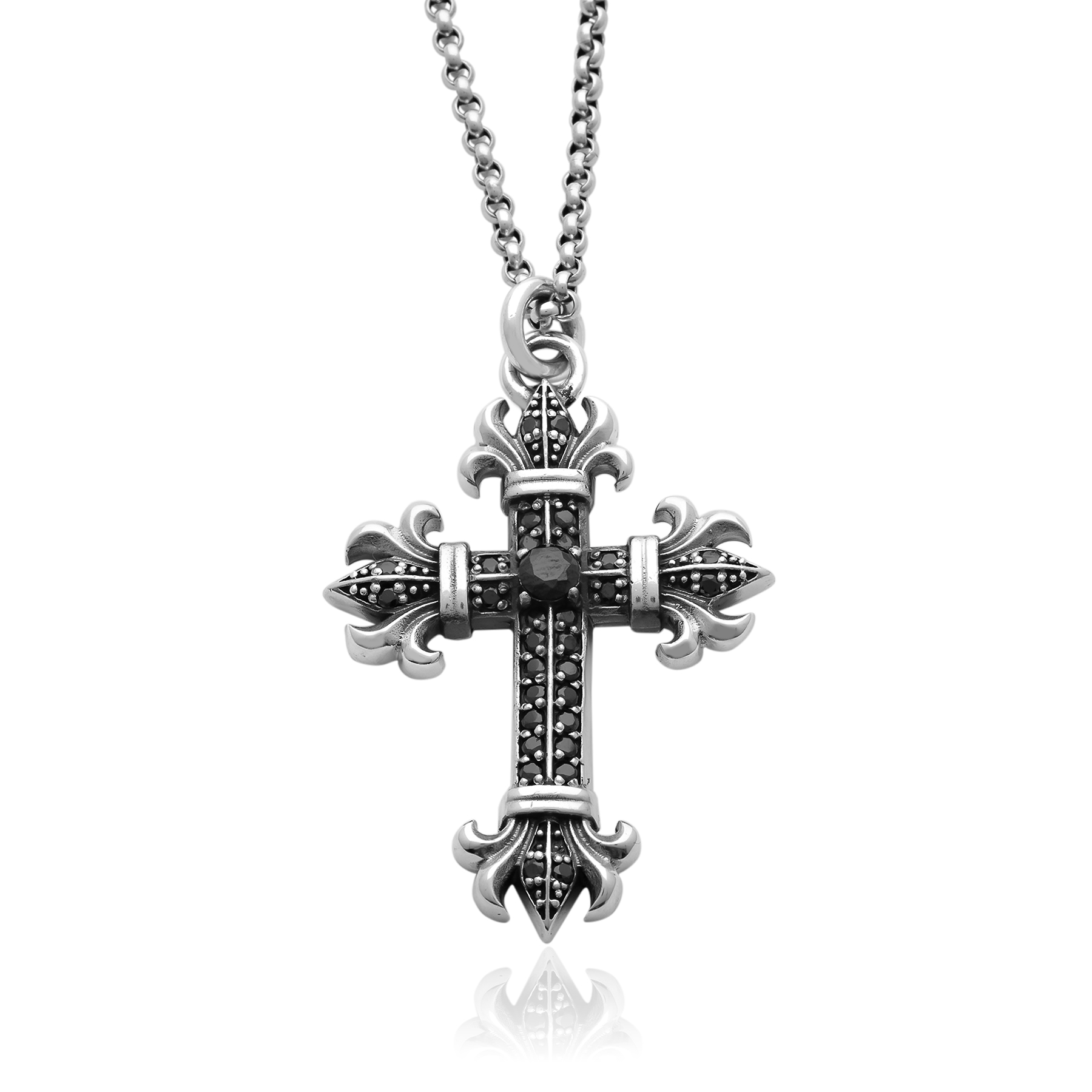 Imperial Cross Necklace with Black Onyx Accents - 925 Silver