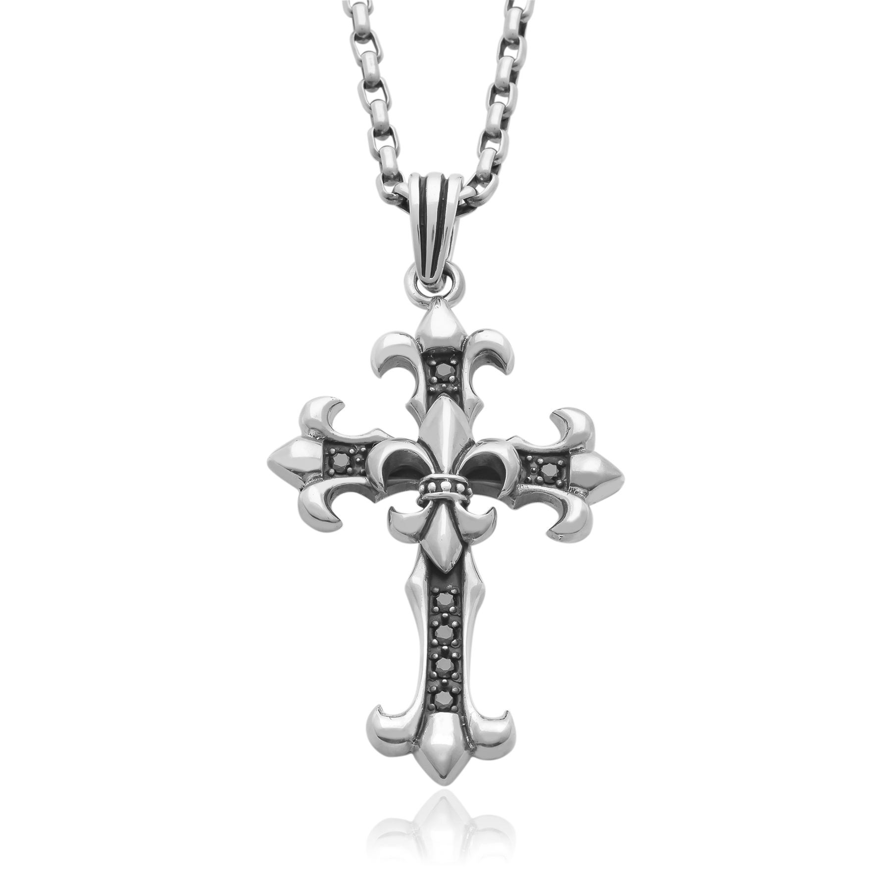 Royal Cross Necklace with Fleur-de-Lis and Black Onyx - 925 Silver