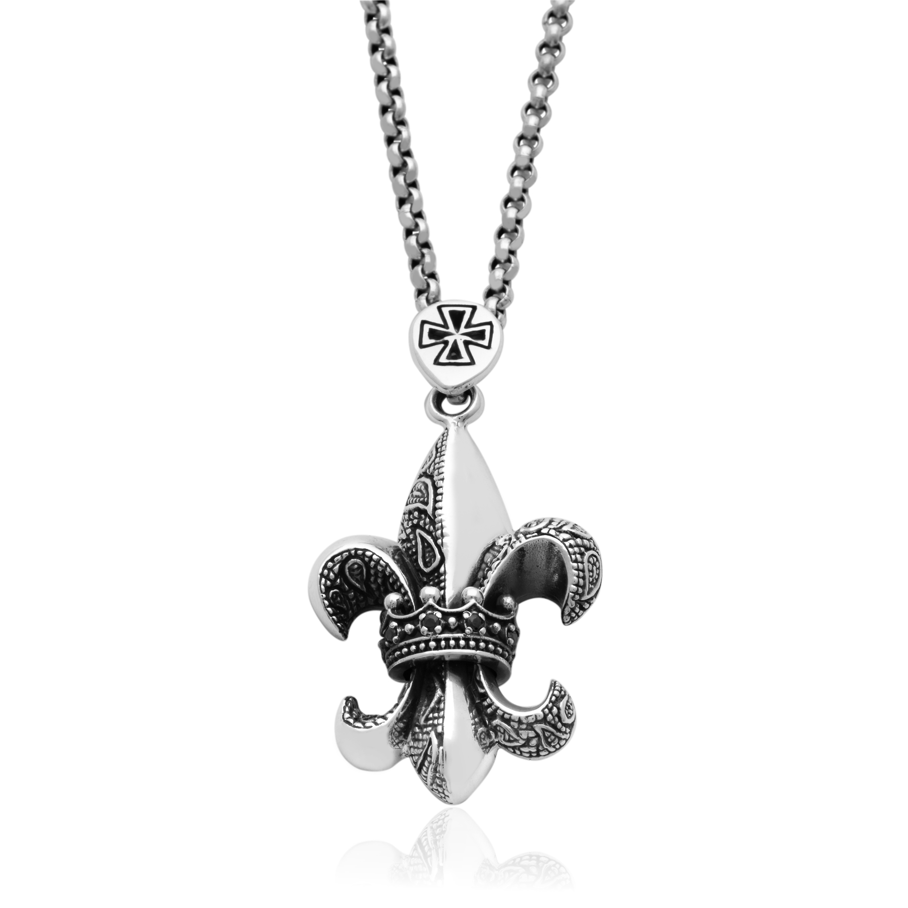 Fleur-de-Lis Necklace with Crown and Engraved Details - 925 Silver