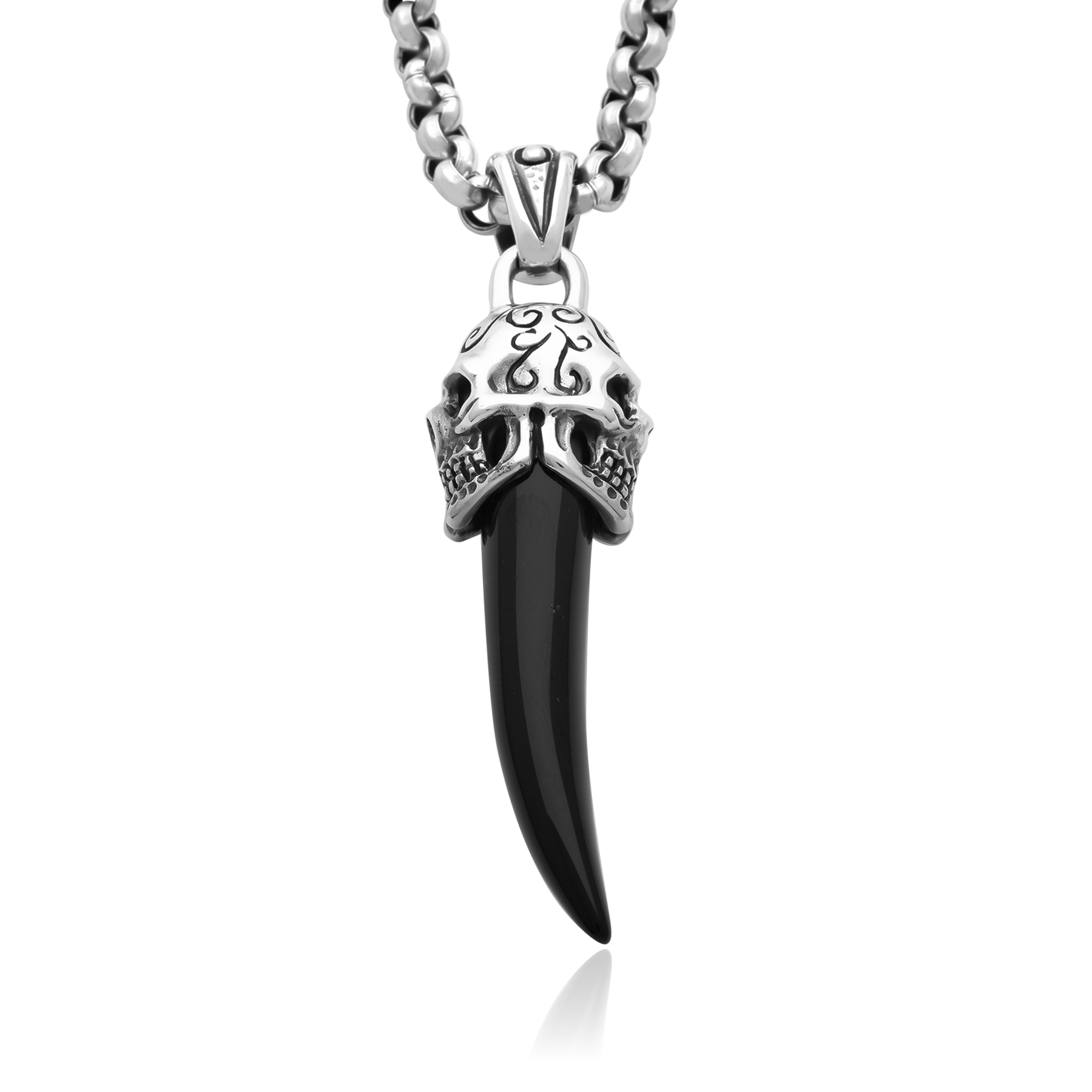 Black Onyx Fang Necklace with Double Skull - 925 Silver
