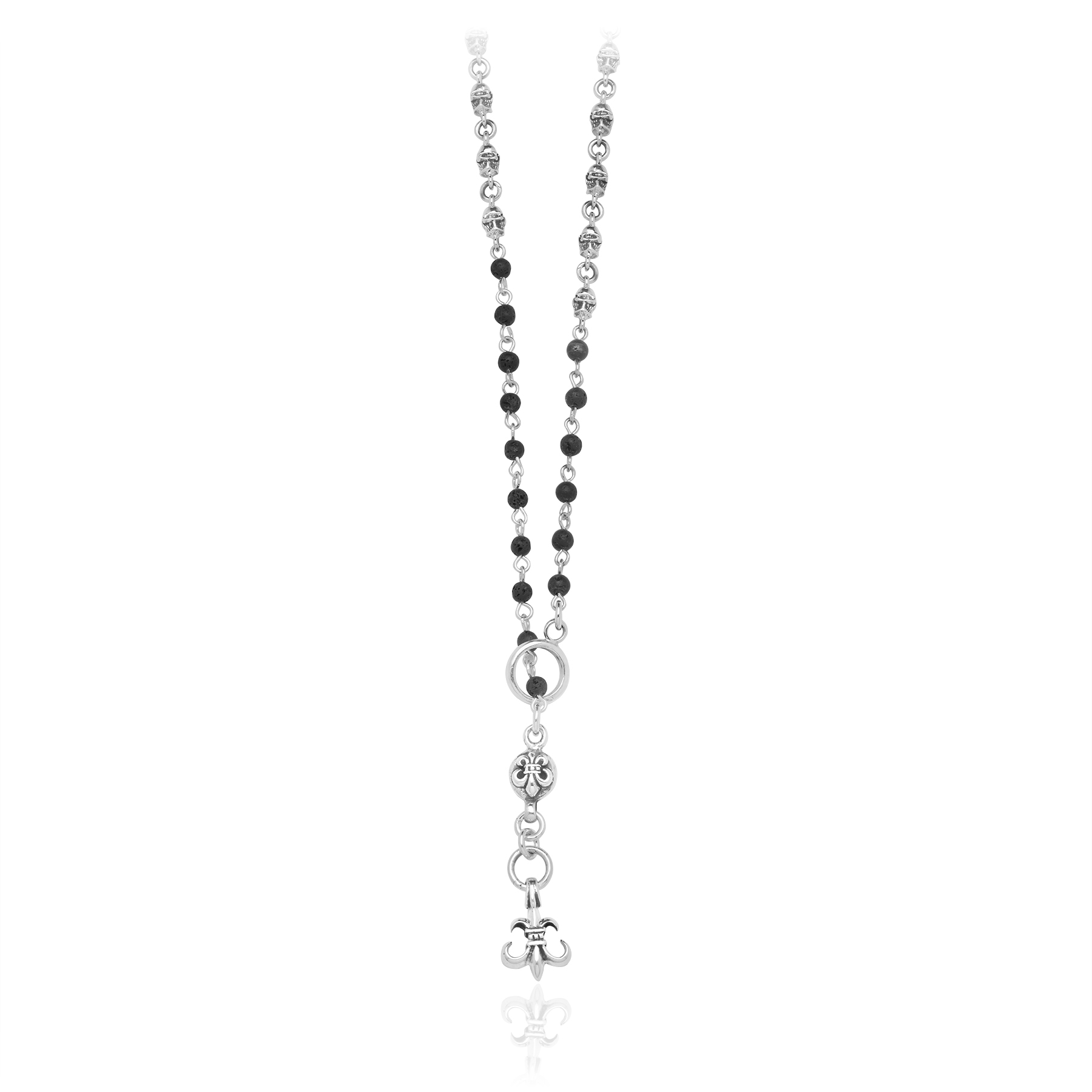 925 Sterling Silver Rosary with Skulls and Lava Stone Beads