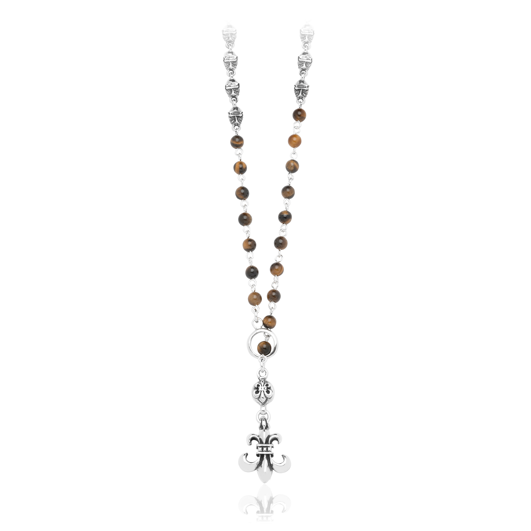 925 Sterling Silver Rosary with Skulls and Natural Tiger's Eye