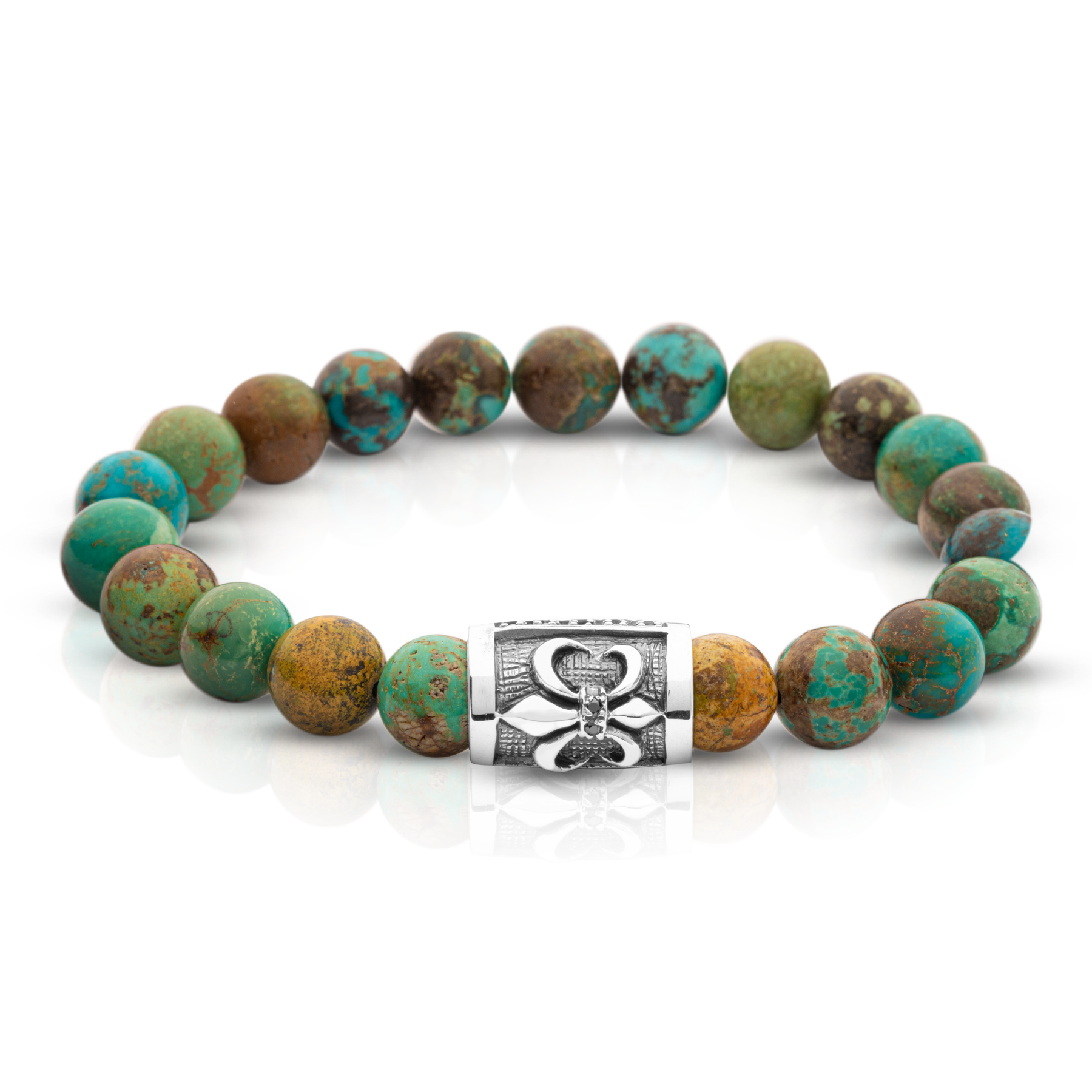 Pulsera Elástica de Turquesa con Flor de Lis en Plata 925 y Ónix