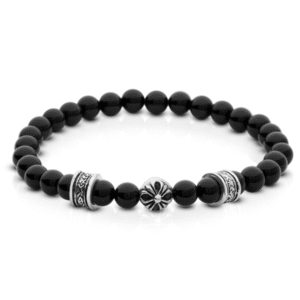 Elastic Polished Onyx Bracelet with 925 Silver Details