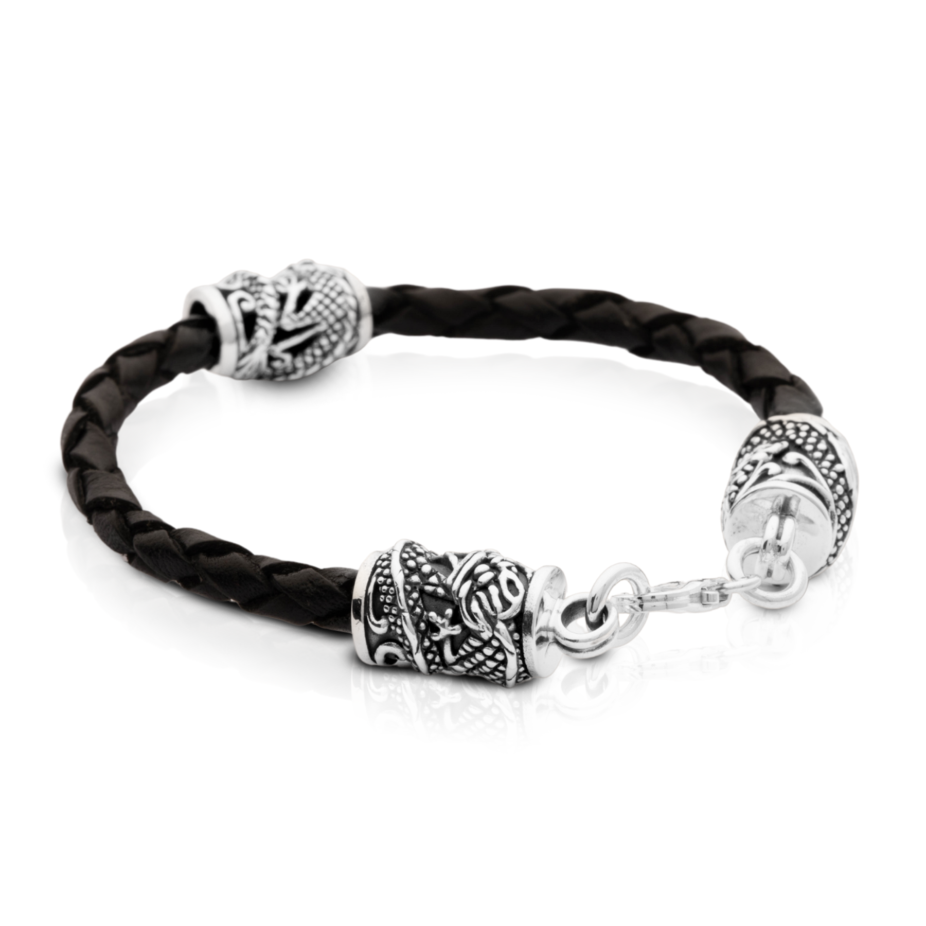 Pulsera Dragón de Cuero Trenzado Negro y Plata 925 - Imagen 2