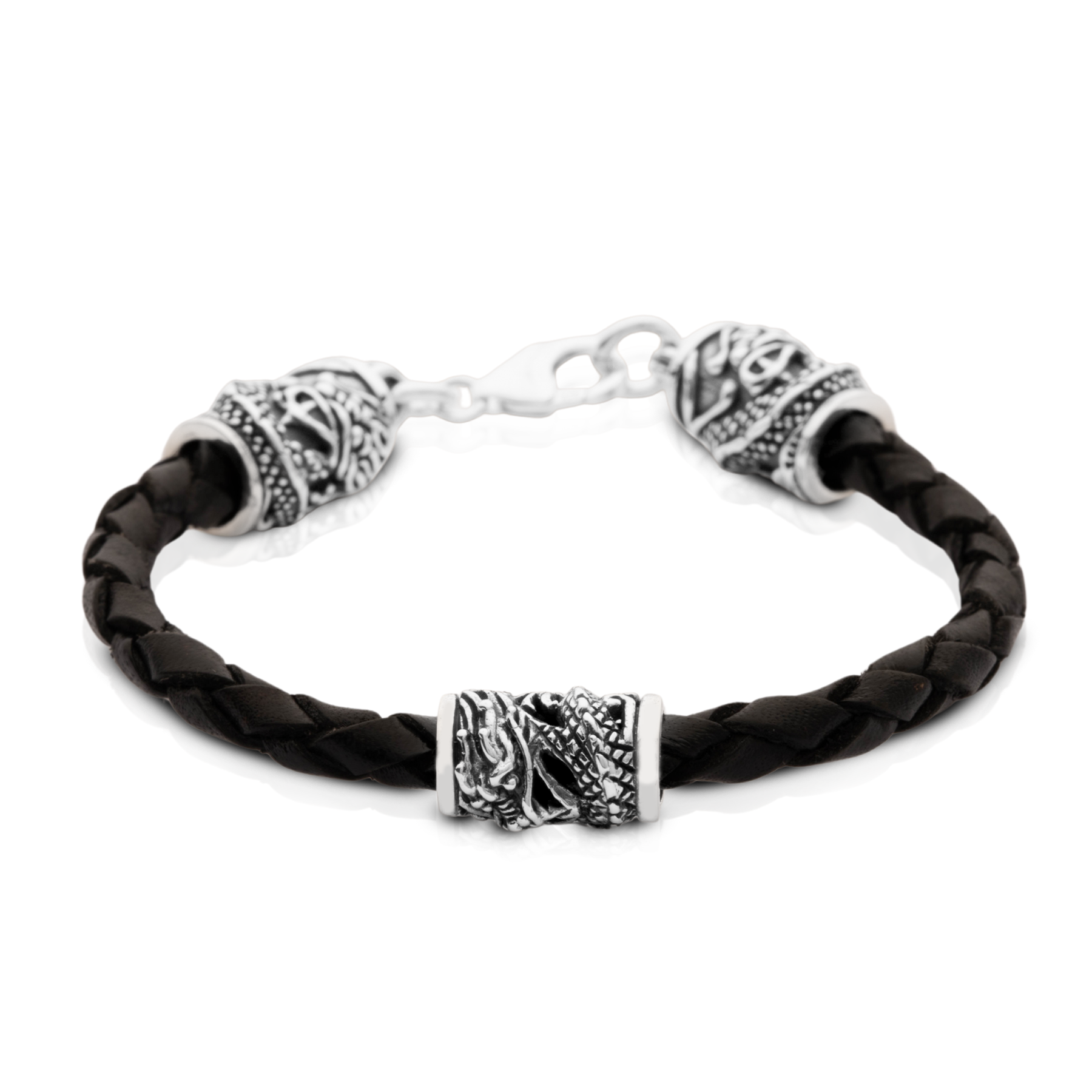 Pulsera Dragón de Cuero Trenzado Negro y Plata 925