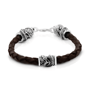 Dragon Bracelet in Braided Brown Leather and 925 Silver