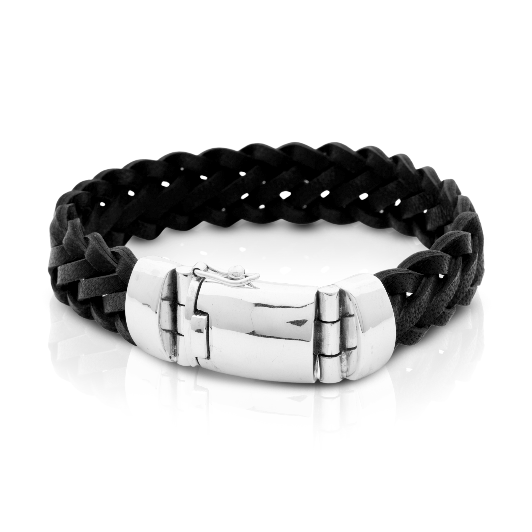 Wide Braided Leather and 925 Silver Bracelet - Image 2