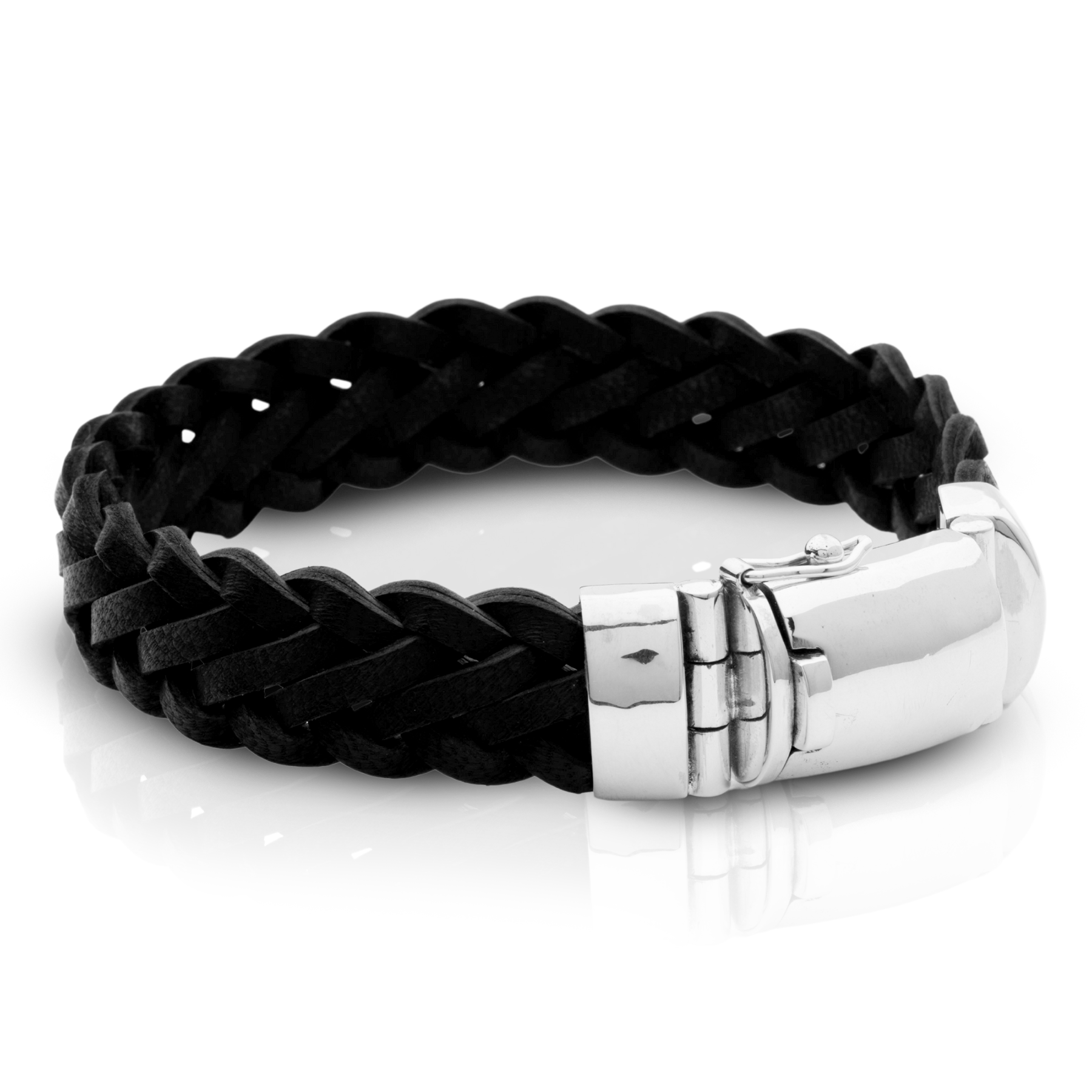 Wide Braided Leather and 925 Silver Bracelet