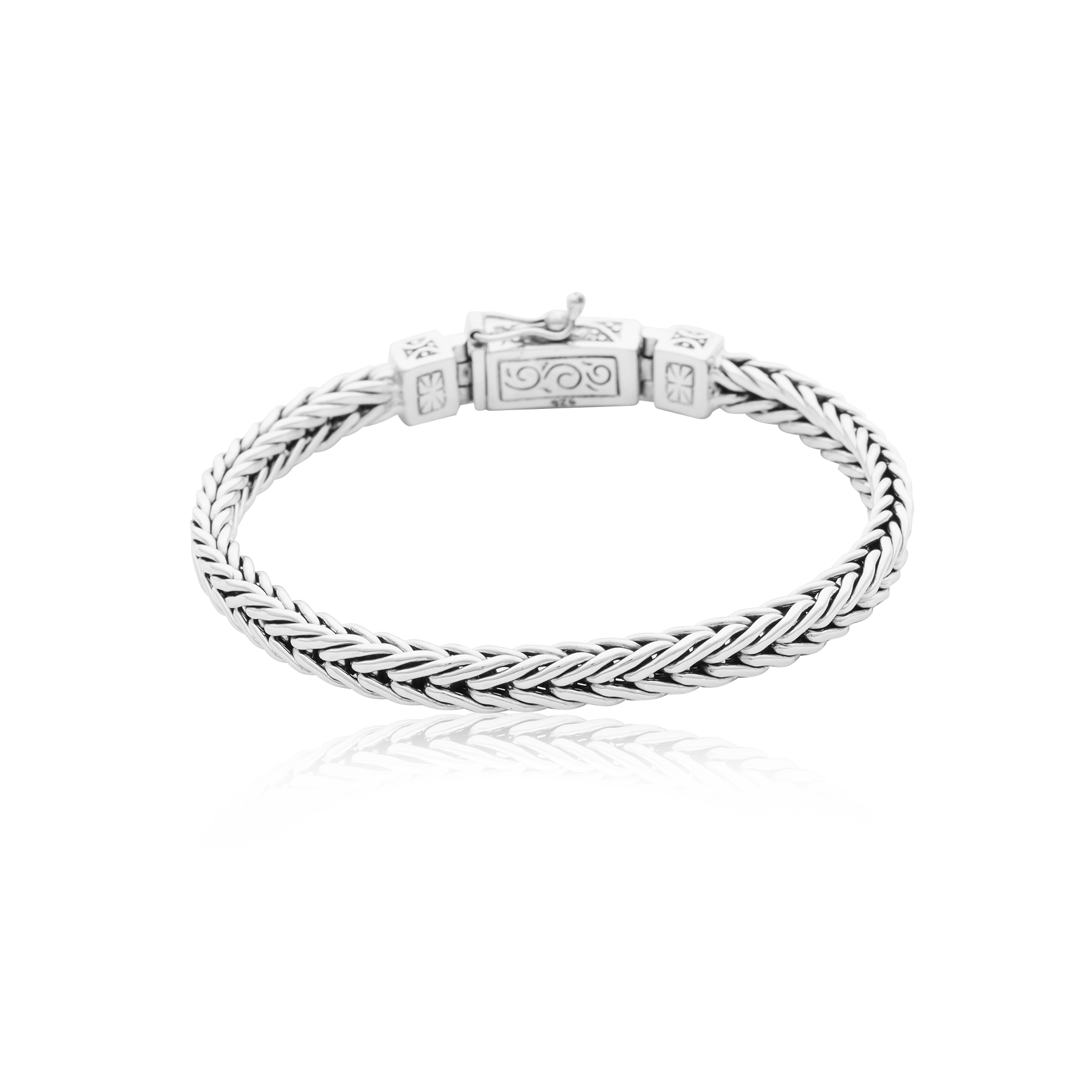 925 Silver Traditional Weave Bracelet with Engraved Fleur-de-Lis Safety Clasp