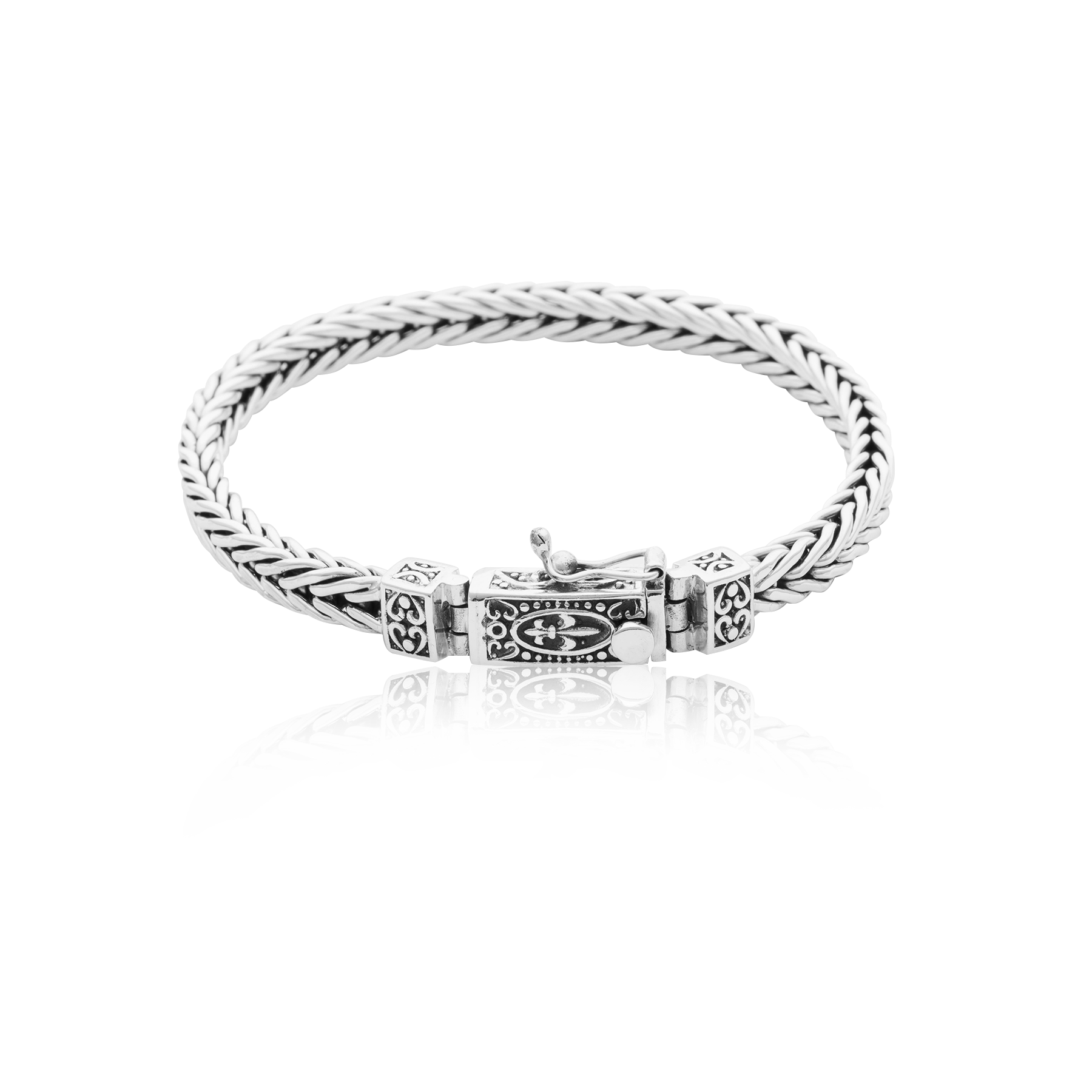 925 Silver Traditional Weave Bracelet with Engraved Fleur-de-Lis Safety Clasp - Image 2