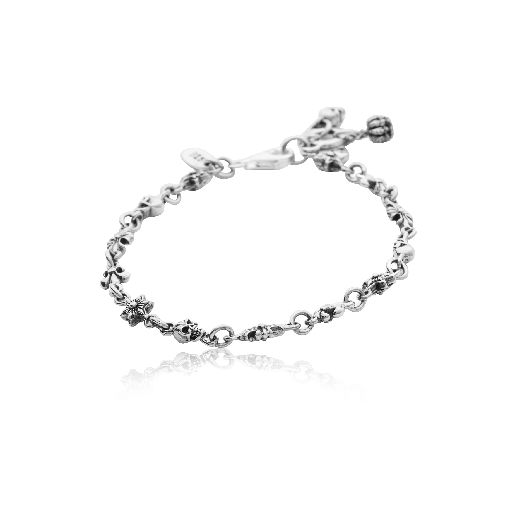 Silver 925 Bracelet with Skulls, Stars, Fleur-de-Lis, and Crosses