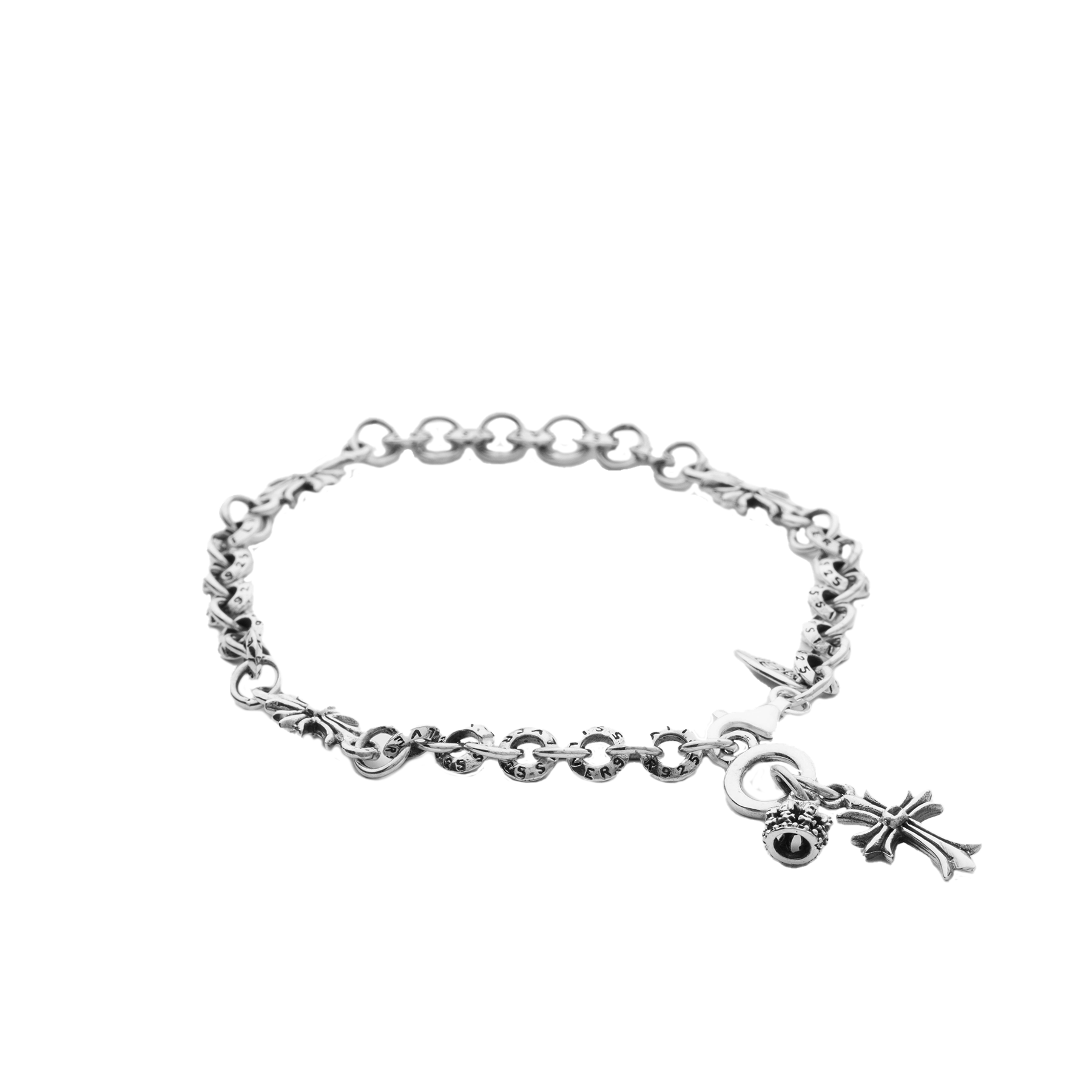 Bracelet with circular links, crosses, and charms
